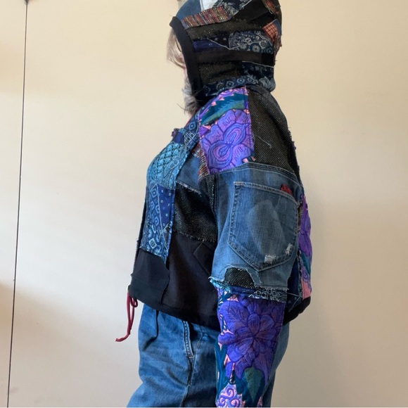 Upcycled Hoodie Sweatshirt Jacket Patchwork Fabric Scraps Frayed Apocalyptic - Picture 6 of 14